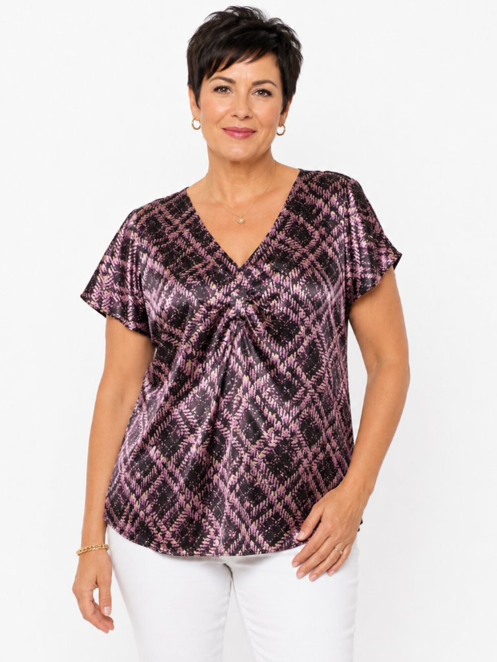 Lane Bryant Top Multi Shiny Split Sleeves Burgundy Pink - Fits like an XL or 1X